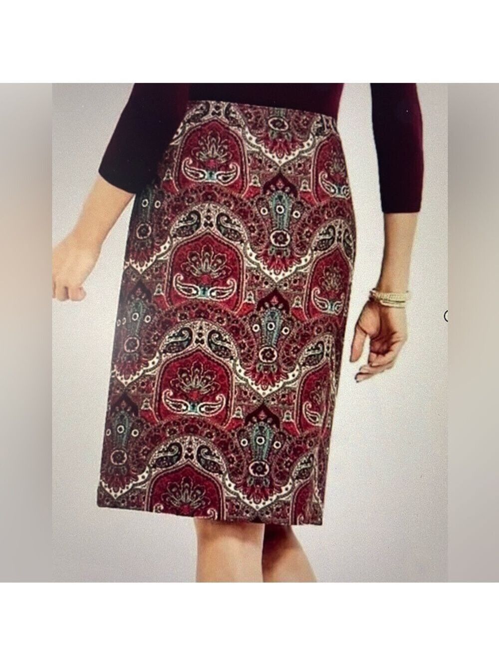 Talbots Red Paisley Faux-Wrap Side-Button Skirt - Petite Size 6 BNWT